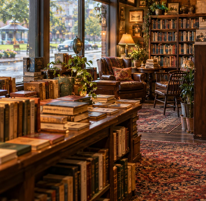 Cozy armchairs, reading lamps, shelves and book stacks inside the shop